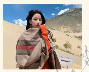 Thickened cashmere-feel winter shawl and poncho with classic stripe design for outdoor travel.