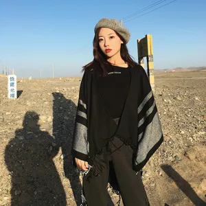 Autumn winter women cape shawl warm tassel wrap stylish black grey outerwear fashion apparel
