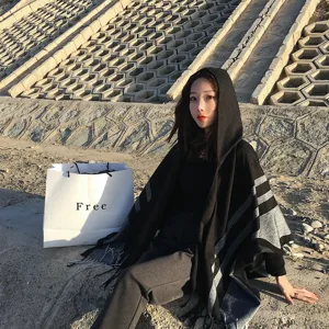 Hooded women black cloak shawl winter warm tassel scarf thick casual outerwear cape