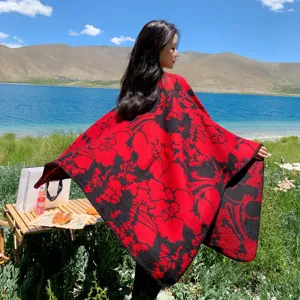 Chal de Imitación Cachemira para Mujer Estampado Geométrico Leopardo y Floral Capa Delantera Abierta Cálido Viaje Invierno Abrigo Capa