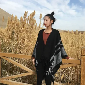 Women winter hooded cape shawl warm tassel poncho casual fashion fringe outerwear stylish