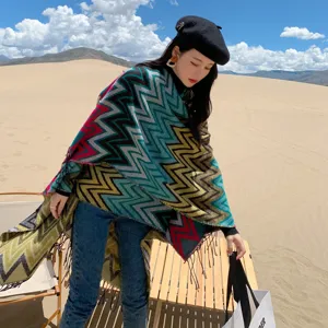 Bohemian Wave Pattern Split Cape Thickened Warm Imitation Cashmere Shawl Travel Poncho Outerwear For Women