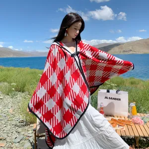 Women's Autumn Winter Thickened Warm Red Plaid Split Long Shawl Cape Outdoor Travel Wear