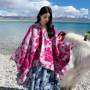 Mujer floral geométrica división chal invierno cálido grueso viaje exterior capa elegante poncho