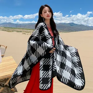 Women's black and white houndstooth button cape shawl winter warm thickened outerwear main view