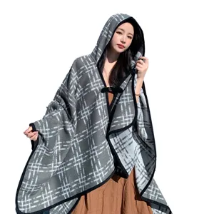 Women hooded grey plaid cloak winter warm knitted shawl button cape outerwear travel wear