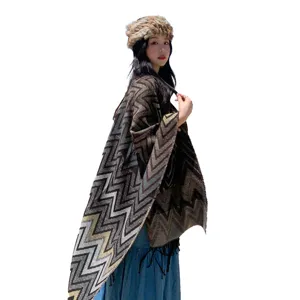 Bohemian chevron split cape warm imitation cashmere shawl for travel and winter wear