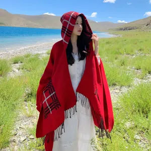 Women's autumn winter thick warm hooded plaid cape shawl fringe travel outerwear coat.