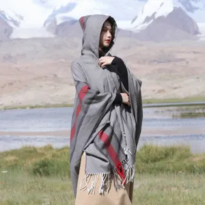 Women's autumn winter hooded knitted shawl cape with fringe ethnic style outdoor wear