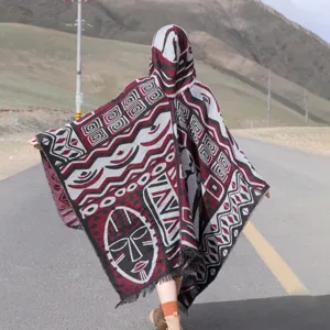 Ethnic knitted hooded cloak women autumn winter warm tassel poncho travel photo shawl