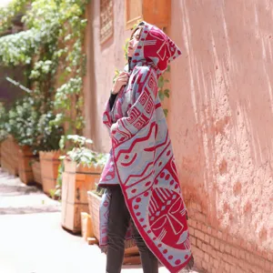 Womens ethnic hooded knitted cape winter warm fringe shawl tribal poncho outdoor style