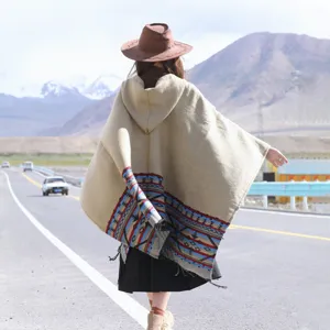 Women's autumn winter ethnic hooded knitted poncho tassel cape travel outdoor photo warm coat