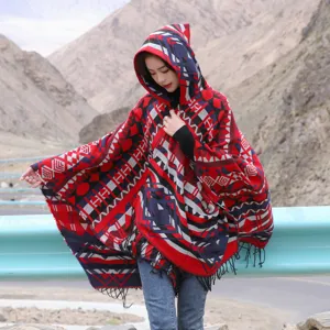 Women's Ethnic Style Hooded Knitted Shawl Winter Warm Tassel Open Front Cape Geometric Pattern Fashion Outerwear
