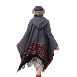 Women's Fall Winter Hooded Cape Poncho Ethnic Geometric Fringe Tassel Shawl Coat Warm