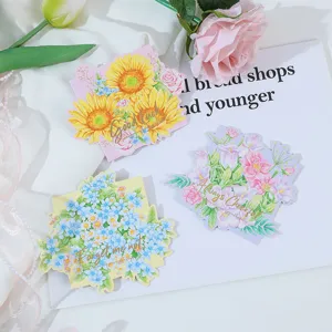 Floral greeting cards set with gold foil text, sunflower and forget-me-not botanical designs.