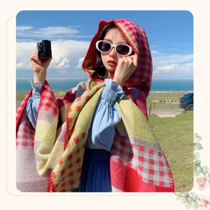 Hooded plaid shawl blanket for women, thick warm cape for autumn winter travel outdoor.