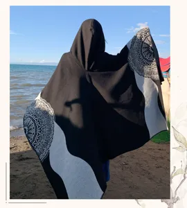 Women winter thick warm hooded cloak shawl, black white ethnic mandala pattern poncho cape.