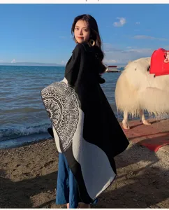 Women winter hooded cloak shawl thick warm black white geometric pattern travel cape outerwear