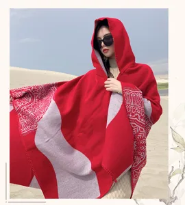 Women winter thick knitted hooded cape shawl warm stylish red blanket poncho travel outer