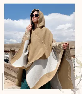 Women winter hooded knit poncho thick warm travel shawl stylish cape cozy blanket wrap