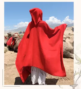 Women hooded red cloak poncho winter warm travel shawl fringe open side cape blanket 2025