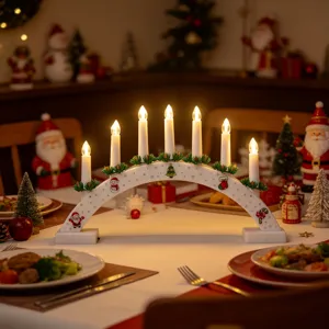 Vista dettagliata dell'arco luminoso natalizio in legno con motivi festivi per decorazione.
