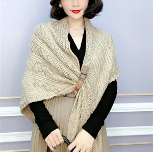 Women Knitted Triangle Shawl Wrap Leather Buckle Split Thickened Poncho Cape Autumn Winter Warm Elegant Solid Color Soft Scarf