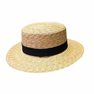 Damen Sommer Strohhut, handgeflochtener flacher Strohhut mit schwarzem Band, eleganter Sonnenhut.