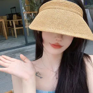 Visiera da sole in paglia vuota superiore per donna, cappello da spiaggia UV stile estivo.