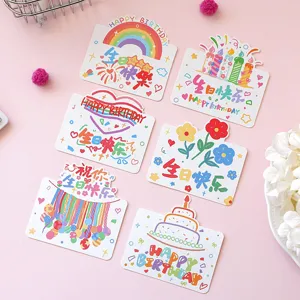 Set of 6 colorful happy birthday greeting cards, cute minimalist message cards for gifts.