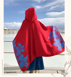 Red hooded cape for women winter warm travel shawl thick blanket hooded cloak floral design