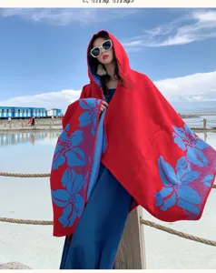 Red and blue floral hooded cloak cape for women, thick warm knit poncho shawl travel wear.