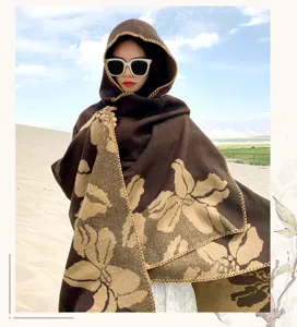 Autumn winter women hooded cape warm floral travel shawl comfortable daily outerwear blanket