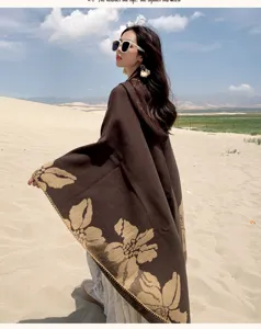 Autumn winter women hooded knitted cape shawl with elegant floral pattern, warm poncho.