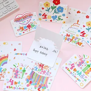 Creative 3D birthday greeting cards set with oil painting style cake and flower designs.