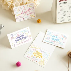Handwritten birthday greeting cards set, cute illustrations and blessings for bakery.