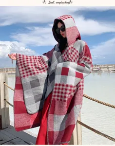 Women winter warm hooded plaid cape shawl outdoor travel thick knitted blanket wrap coat.