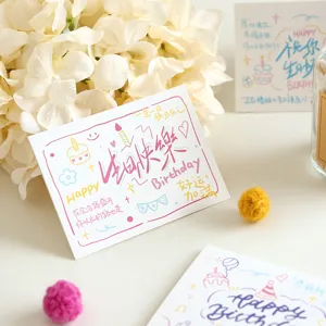 Handwritten birthday greeting card with cute illustrations and warm wishes for flower shops.