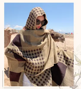 Women's hooded plaid shawl cape thick warm winter travel blanket outerwear stylish design new