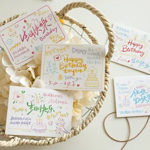 Hand-written birthday greeting cards set with cute illustrations, perfect for bakery and flower shop blessings.