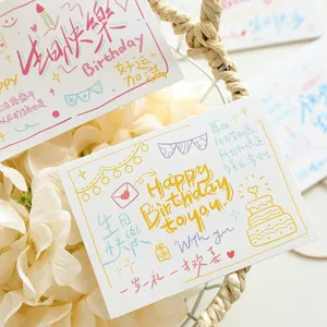 Handwritten birthday greeting card detail shot, elegant blessing message card for bakery.