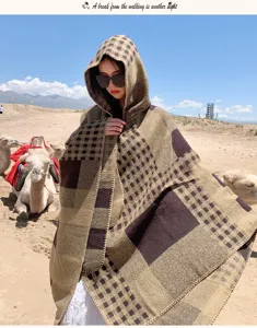 Women winter hooded plaid cape thick warm travel shawl hooded cloak blanket cloak top detail.