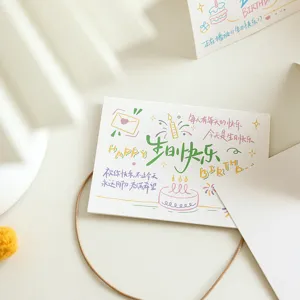 Closeup of a handwritten style birthday greeting card with cute illustrations and warm wishes.