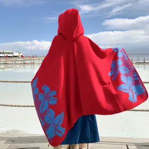 Women winter thick hooded red cloak blue floral shawl travel cape warm blanket outerwear