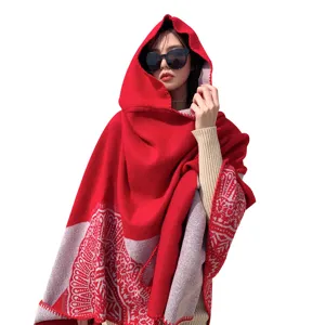 Women hooded winter warm knitted cape red tassel poncho thick blanket casual fashion shawl