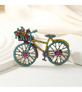 Vintage Strass Fahrrad Brosche mit bunten Kristallblumen für Damen Mäntel und Mützen.