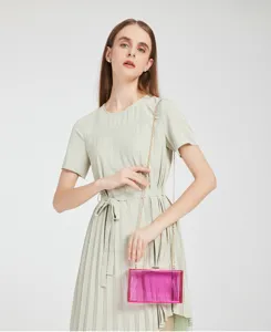 Elegant transparent pink acrylic clutch bag with gold chain strap worn by a model for banquet