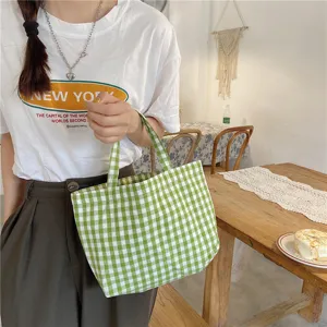 Lifestyle detail view of a fresh green gingham checkered canvas tote bag held by a model.