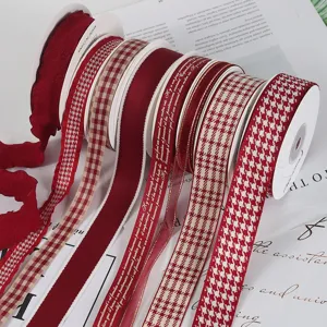 Burgundy Plaid Ribbon For Gift Wrapping Houndstooth Gingham Ribbon For DIY Crafts Floral Bouquet Baking Decoration British Style Decorative Tape