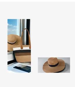 Dettaglio del set borsa tote in paglia capiente e cappello da sole con tesa da 42 cm